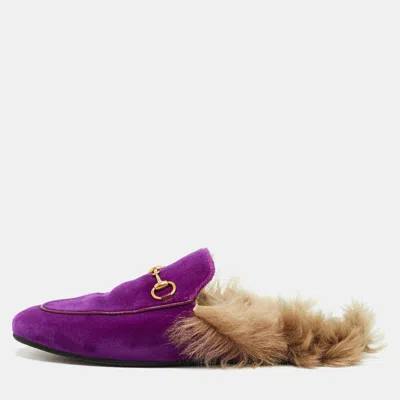 Pre-owned Gucci Princetown Size 38 Purple Shearling Fur And Velvet Horsebit Flat Mules