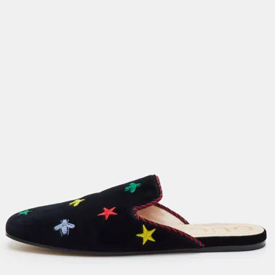 Pre-owned Gucci Princetown Size 38.5 Black Velvet Star And Bee Embroidered Flat Mules