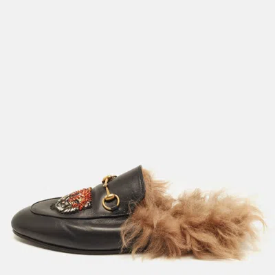 Pre-owned Gucci Princetown Size 39 Black Fur And Leather Flats