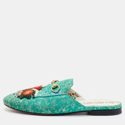 Pre-owned Gucci Princetown Size 39 Blue Brocade Fabric Horsebit Garden Flat Mules