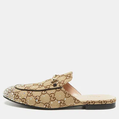 Pre-owned Gucci Princetown Size 40 Beige Canvas Crystal Embellished Mules In Sand