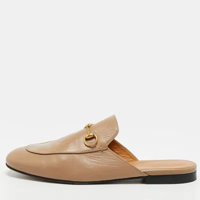 Pre-owned Gucci Princetown Size 40 Beige Leather Horsebit Flat Mules In Sand