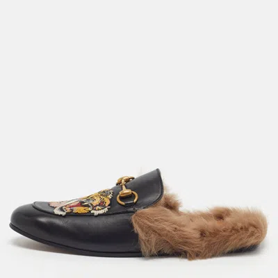 Pre-owned Gucci Princetown Size 40 Black Fur And Leather Mules