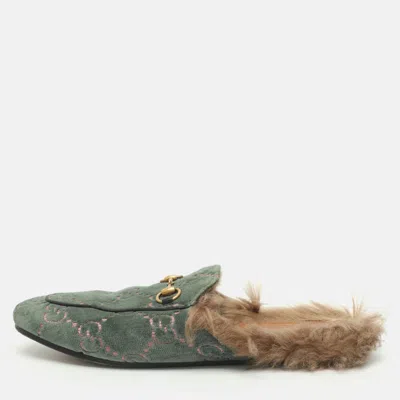 Pre-owned Gucci Princetown Size 40 Green Gg Velvet And Fur Lined Flat Mule