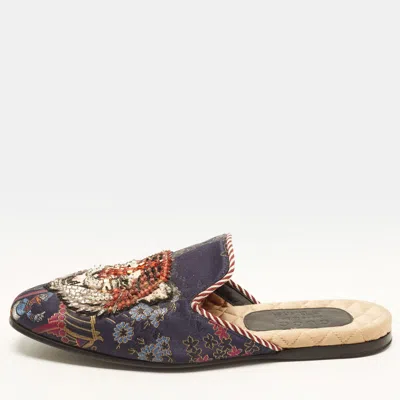Pre-owned Gucci Princetown Size 40 Navy Blue Satin Embellished Mules