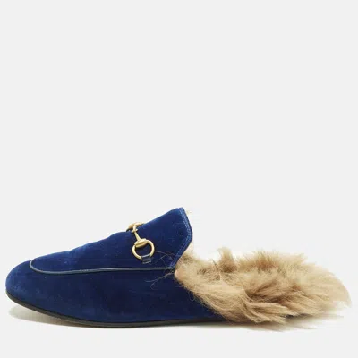 Pre-owned Gucci Princetown Size 40 Navy Blue Velvet Horsebit Flat Mules