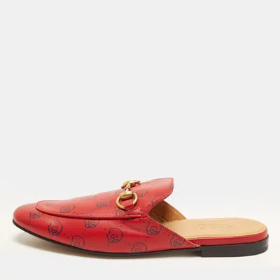 Pre-owned Gucci Princetown Size 40 Red Gg Ghost Print Leather Horsebit Flat Mules
