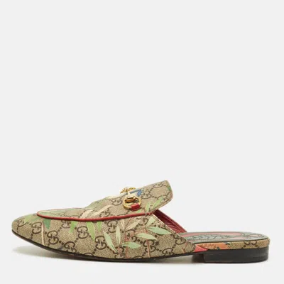 Pre-owned Gucci Princetown Size 41 Beige/brown Flora Print Gg Coated Canvas Flat Mules In Sand