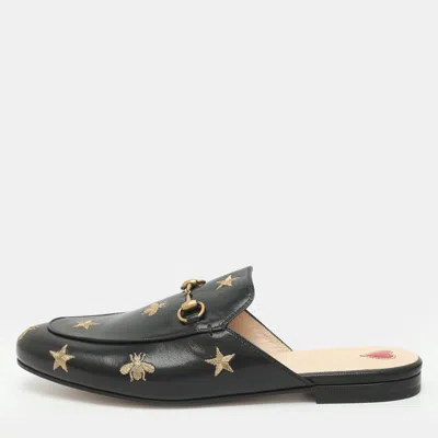 Pre-owned Gucci Princetown Size 41 Black Leather Bee Star Embroidered Flat Mules