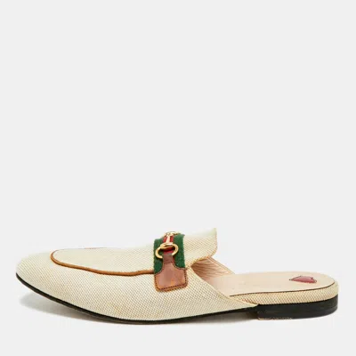 Pre-owned Gucci Princetown Size 41 Cream Canvas Web Horsebit Flat Mules In White