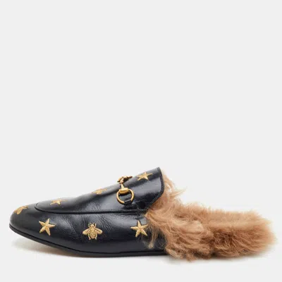 Pre-owned Gucci Princetown Size 42 Black Leather And Fur Lined Star Bee Embroidered Flat Mules