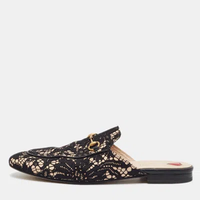 Pre-owned Gucci Princetown Size 42 Black/beige Lace And Leather Horsebit Flat Mules