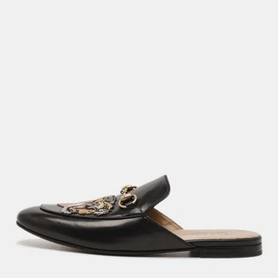 Pre-owned Gucci Princetown Size 43 Black Leather Tiger Embroidered Horsebit Flat Mules