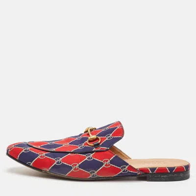 Pre-owned Gucci Princetown Size 44.5 Navy Blue/red Rhombus Chain Print Fabric Flat Mules