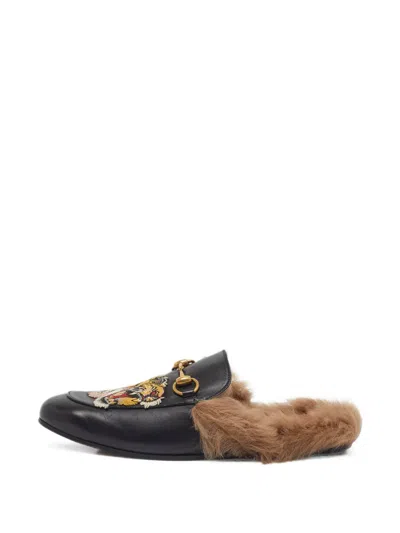 Pre-owned Gucci Princetown Tiger-embroidered Mules In Black