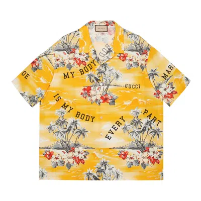 Pre-owned Gucci Printed Bowling Shirt 'yellow/red' | Men's Size 46