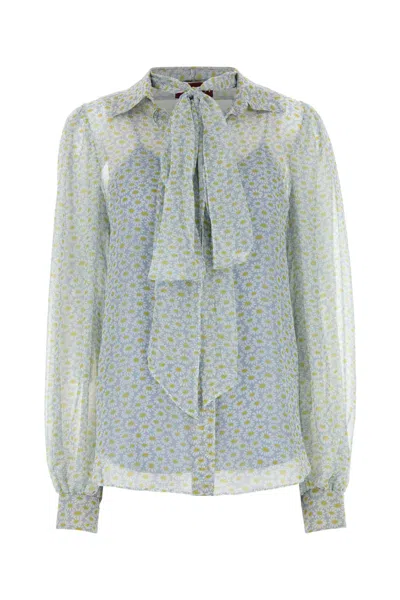 Gucci Women Grey Shirt With All-over Floral Print In Silk Chiffon Woman In Blue