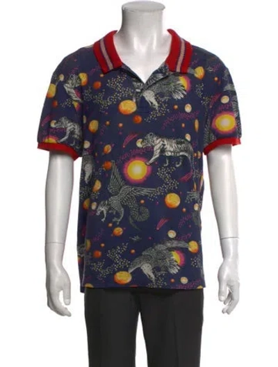 Pre-owned Gucci Printed Collar Polo Shirt In Blue