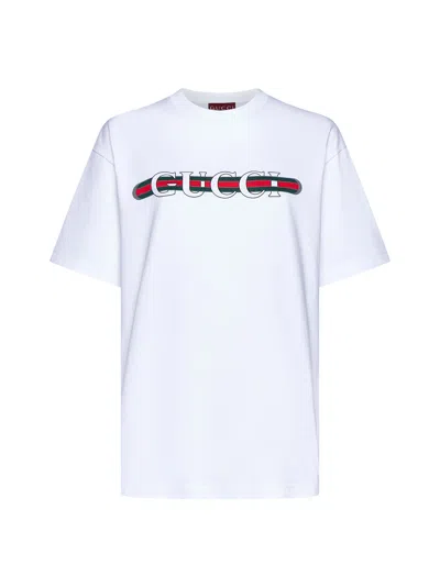 Gucci Women White Crewneck T-shirt Wth Web Print With Logo Lettering On The Front In Cotton Woman