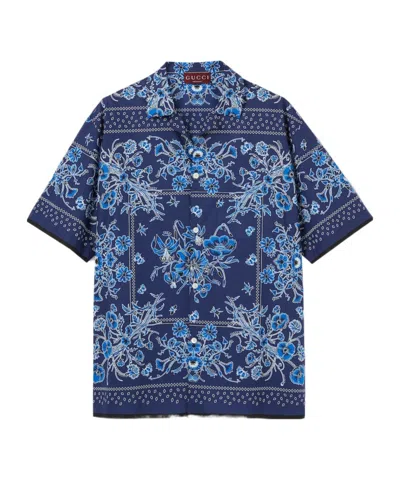 Gucci Printed Cotton Poplin Bowling Shirt In Blue