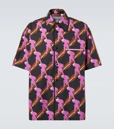 Gucci Printed Cotton Poplin Bowling Shirt In Deep Brown Lilac