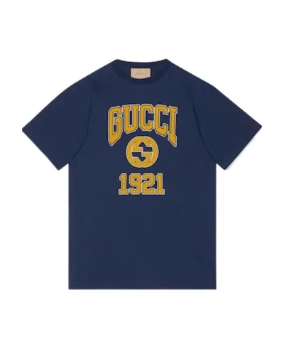 Gucci Printed Cotton T-shirt In Blue