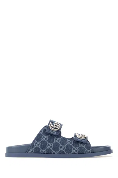 Gucci Printed Denim Slippers In Blue