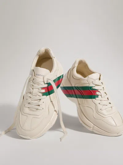 Gucci Printed Detail Web Lace-up Sneakers With Tonal Leather Lining In Bianco