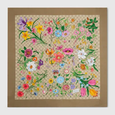 Gucci Printed Gg Silk Twill Carre In Brown