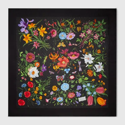 Gucci Printed Gg Wool Silk Shawl In Black