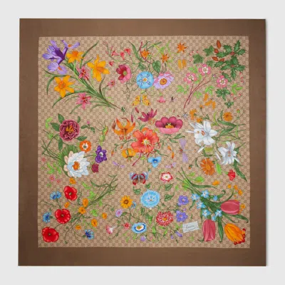 Gucci Printed Gg Wool Silk Shawl In Brown