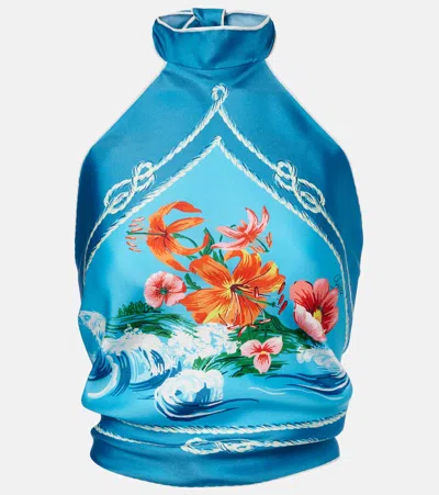 Gucci Printed Halterneck Silk Twill Crop Top In Blue