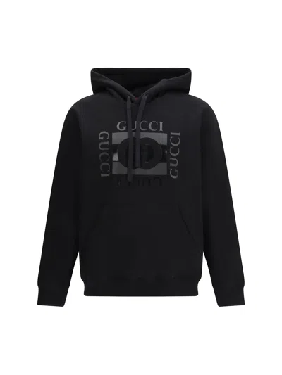Gucci Men Black Sweatshirt With Hood With Drawstring And Front Logo In Cotton Man In Multi