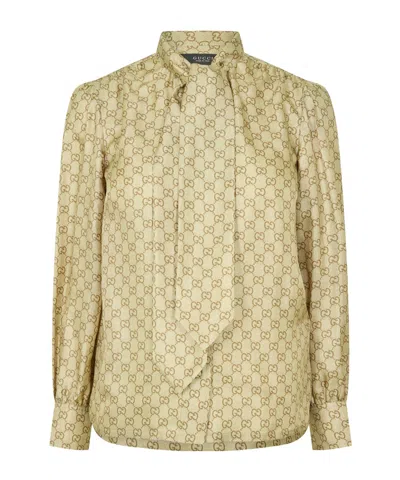 Gucci Printed Lace-up Stand-up Collar Long-sleeved Shirt In Gold