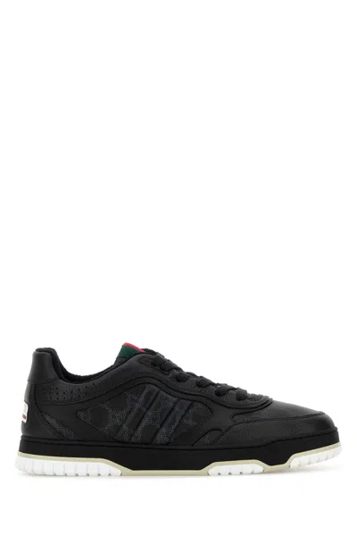Gucci Gg Outline Pebbled Leather Sneaker With Interlocking G Web Tongue And Lace-up Closure In Black
