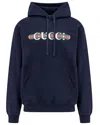 Gucci Blue Hoodie With Drawstring Hood And Logo Print On The Front In Jersey Man In Blue