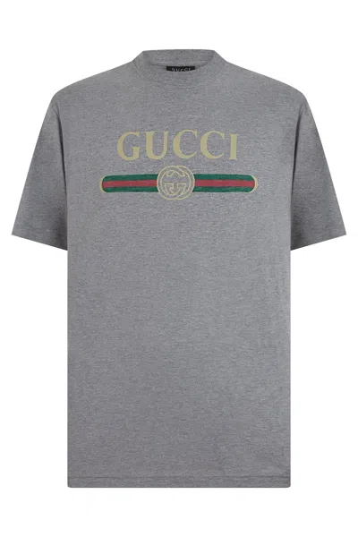 Gucci Printed Logo Cotton T-shirt For Women In Gray