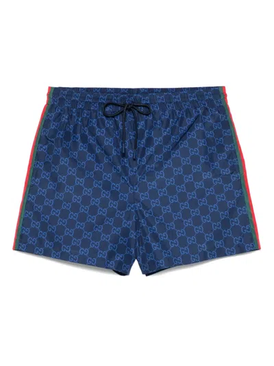 Gucci Striped Swim Shorts With Side And Back Pockets In Blue