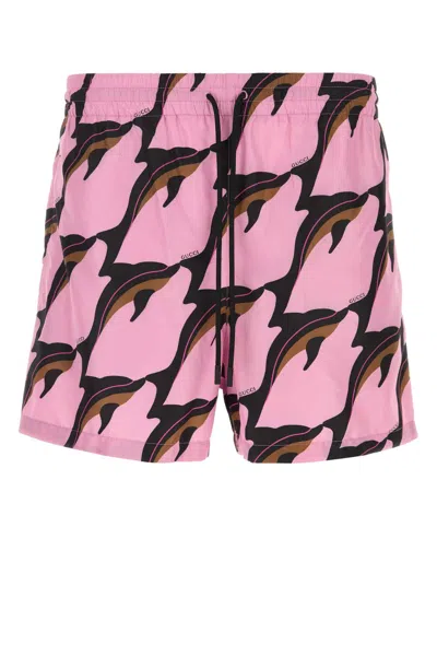 Gucci Mens Pink Deep Brown Printed Technical Poplin Swim Shorts In Multi