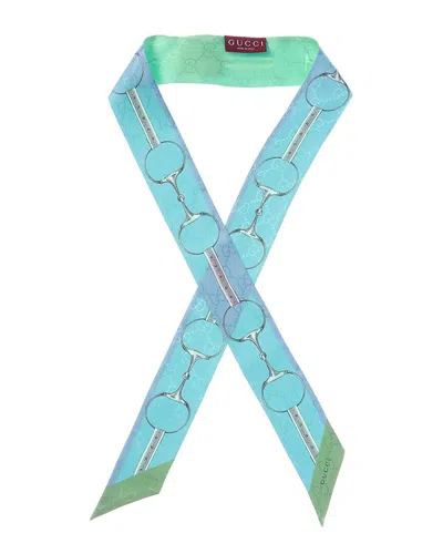Gucci Printed Ribbon Silk Scarf In Blue