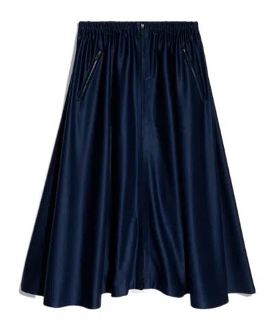 Gucci Printed Shiny Fluid Stretch Silk Skirt In Blue