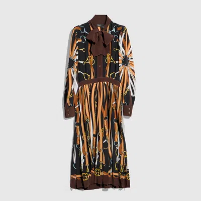 Gucci Dress Bow Detail Long Sleeves Pleated In Brown