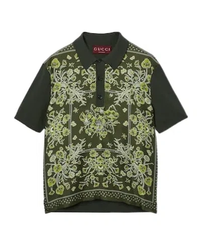 Gucci Printed Silk Cotton Knit Polo Shirt In Green