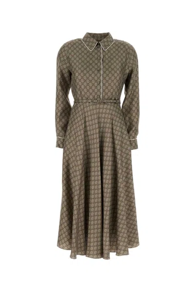 Gucci Gg Supreme-print Silk Midi Dress In Neutrals