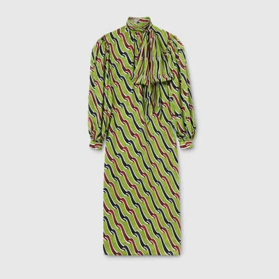Gucci Silk Midi Dress High Neck Bow In Green