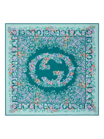 Gucci Silk Floral-print Logo-print Scarf In Green