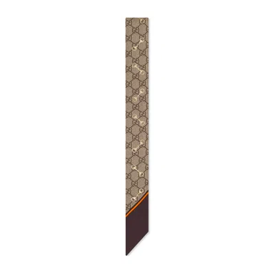 Gucci Gg Print With Horsebits Silk Neck Bow In Beige