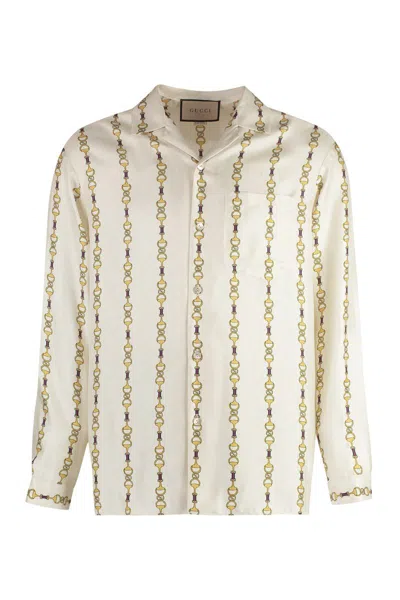 Gucci Interlocking G-logo Horsebit-print Silk Shirt In Beige