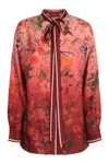 Gucci Bordeaux Shirt With Collar With Bow And All-over Flora Print In Silk Woman In Multi