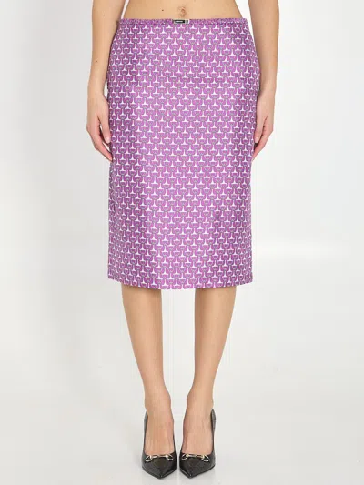 Gucci Women Violet Skirt With Logo Patch On The Front And All-over Print In Silk Woman In Purple